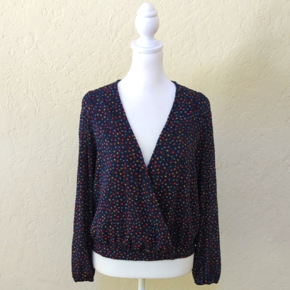 Madewell Lyric Wrap Long Sleeve Top in Confetti Dot Dark Nightfall Size Small - Picture 6 of 13